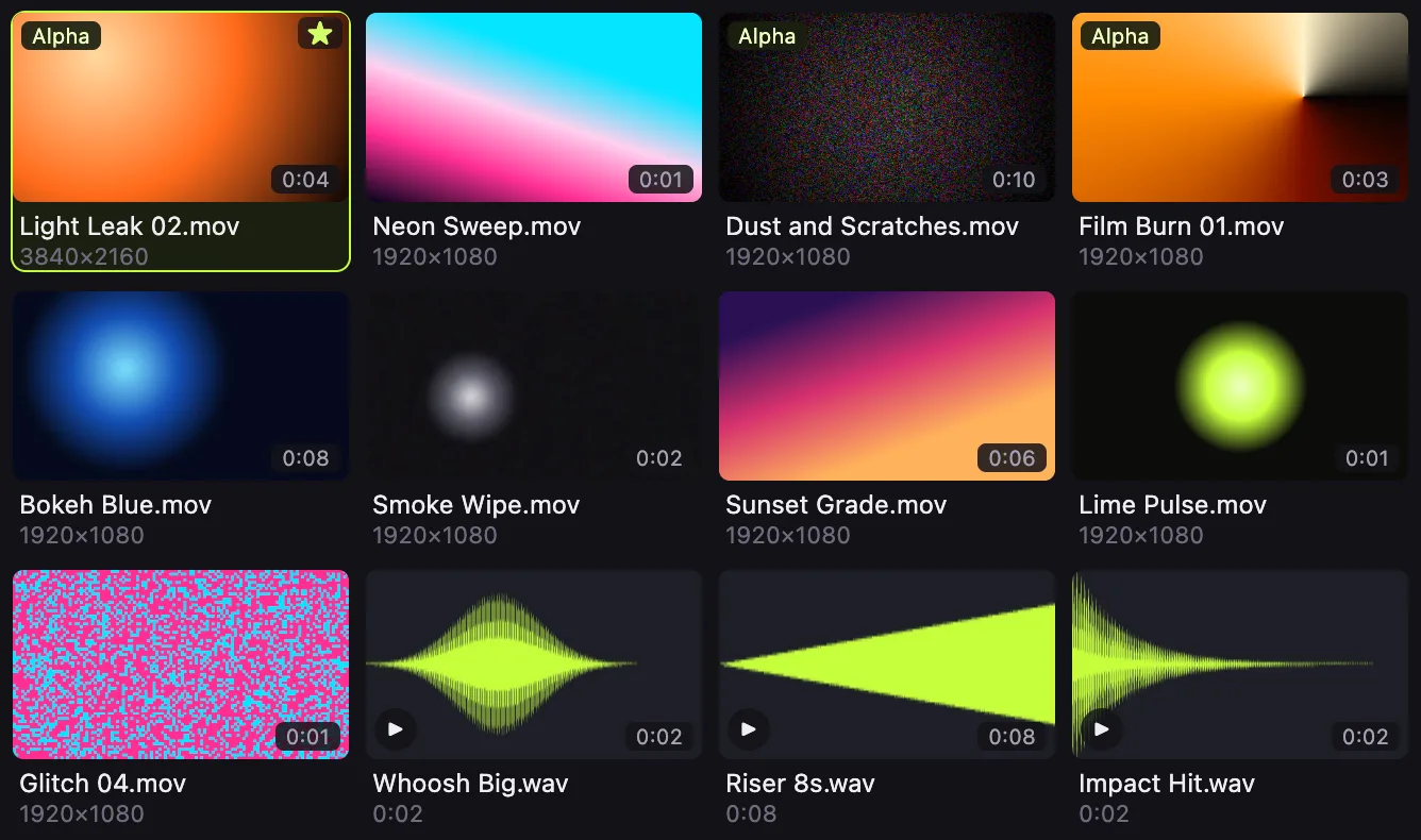 The Asset Library asset grid: twelve tiles with clip names, sizes and durations. Video clips show colour thumbnails, some with an Alpha badge, and three sound effects show lime waveforms.
