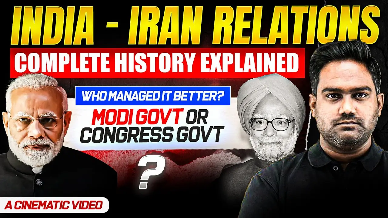 Thumbnail: "India - Iran relations, complete history explained" with two former prime ministers and the presenter.