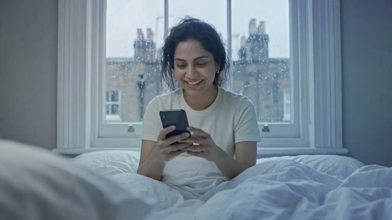 Frame from the launch video: a woman in bed by a window, smiling at her phone.