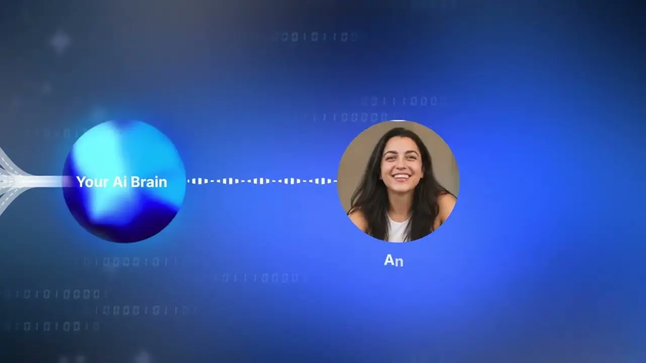 Frame from the promo: a glowing blue sphere labelled "Your AI Brain" linked by a sound wave to a woman's portrait.