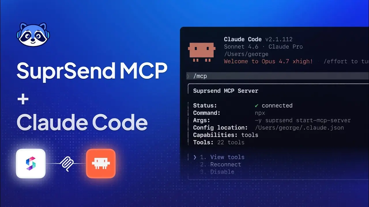 Thumbnail: "SuprSend MCP" setup title card on blue, beside a terminal window showing the connected server.