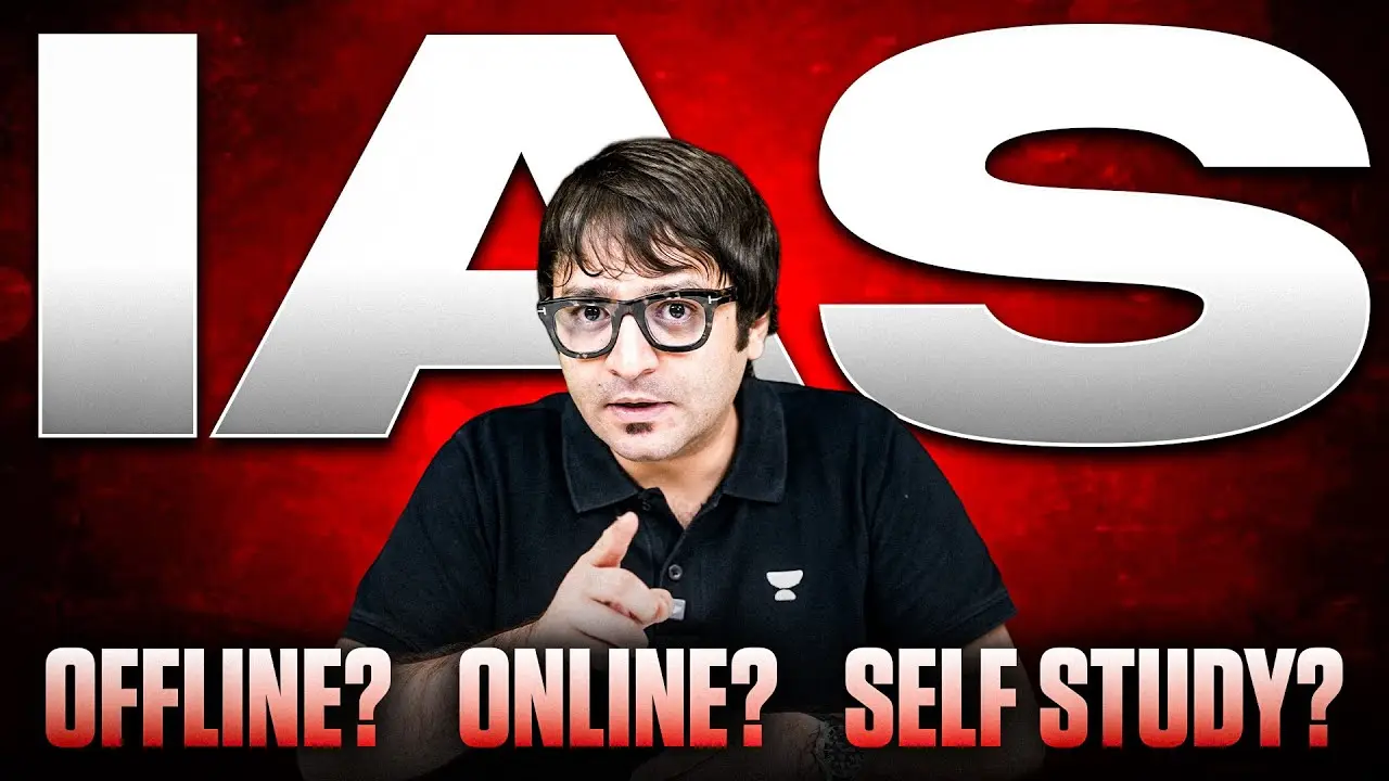 Thumbnail: a presenter in glasses in front of huge "IAS" letters, with "Offline? Online? Self study?"