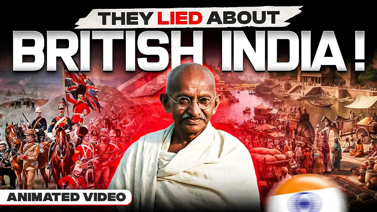 Thumbnail: "They lied about British India!" with Gandhi, soldiers on horseback and an Indian flag.