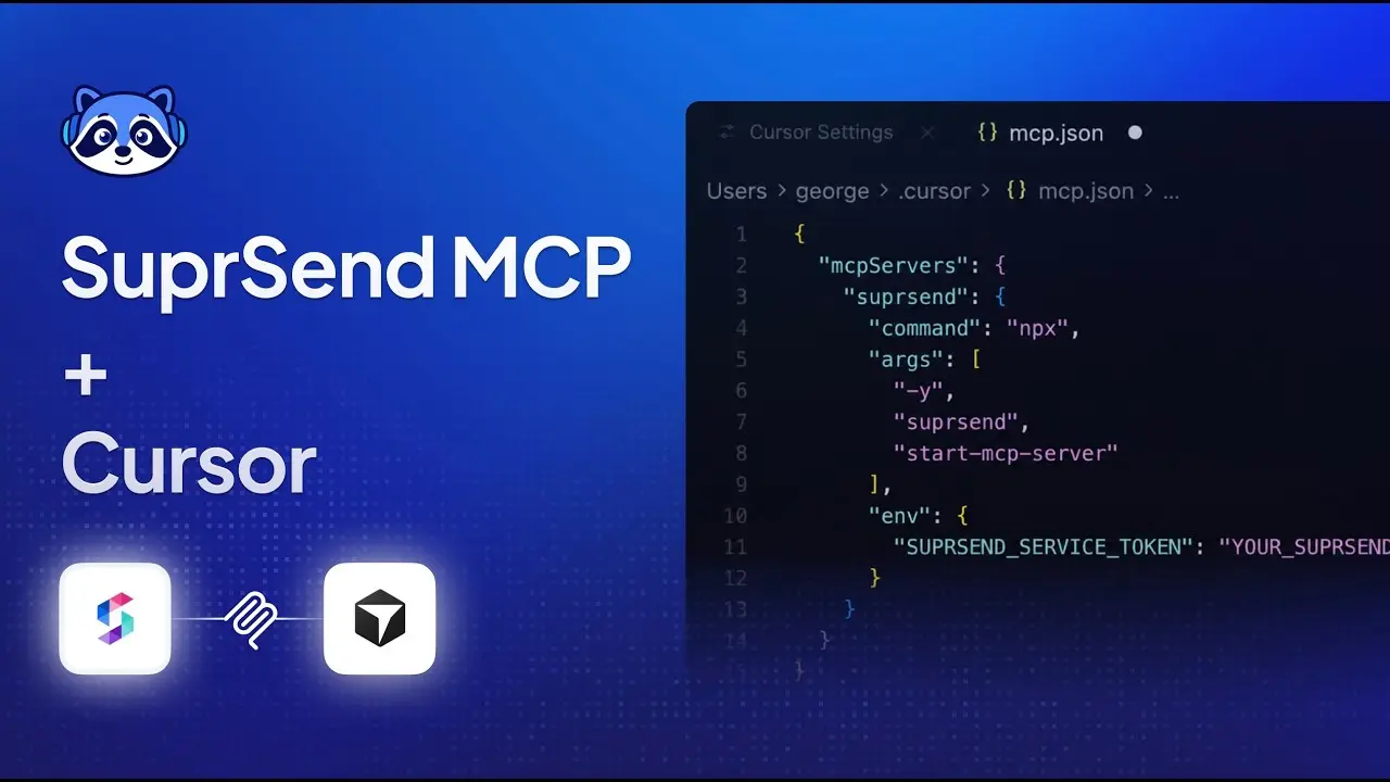 Thumbnail: "SuprSend MCP + Cursor" on blue, beside the mcp.json settings file.